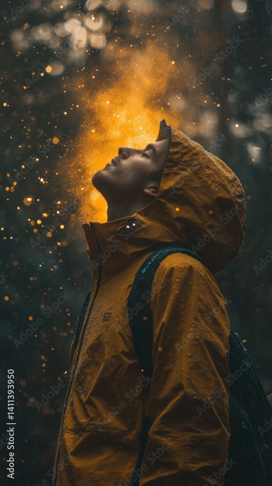Obraz premium Person in a yellow jacket gazing upward amidst a forest, with golden light and particles illuminating the scene