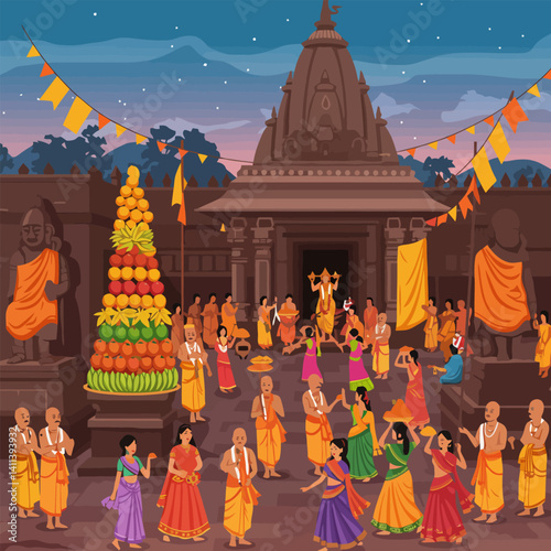 Temple Gathering Celebration with Performers and Food