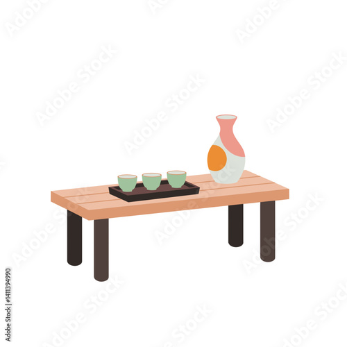 Illustration of wooden table with tea set and vase