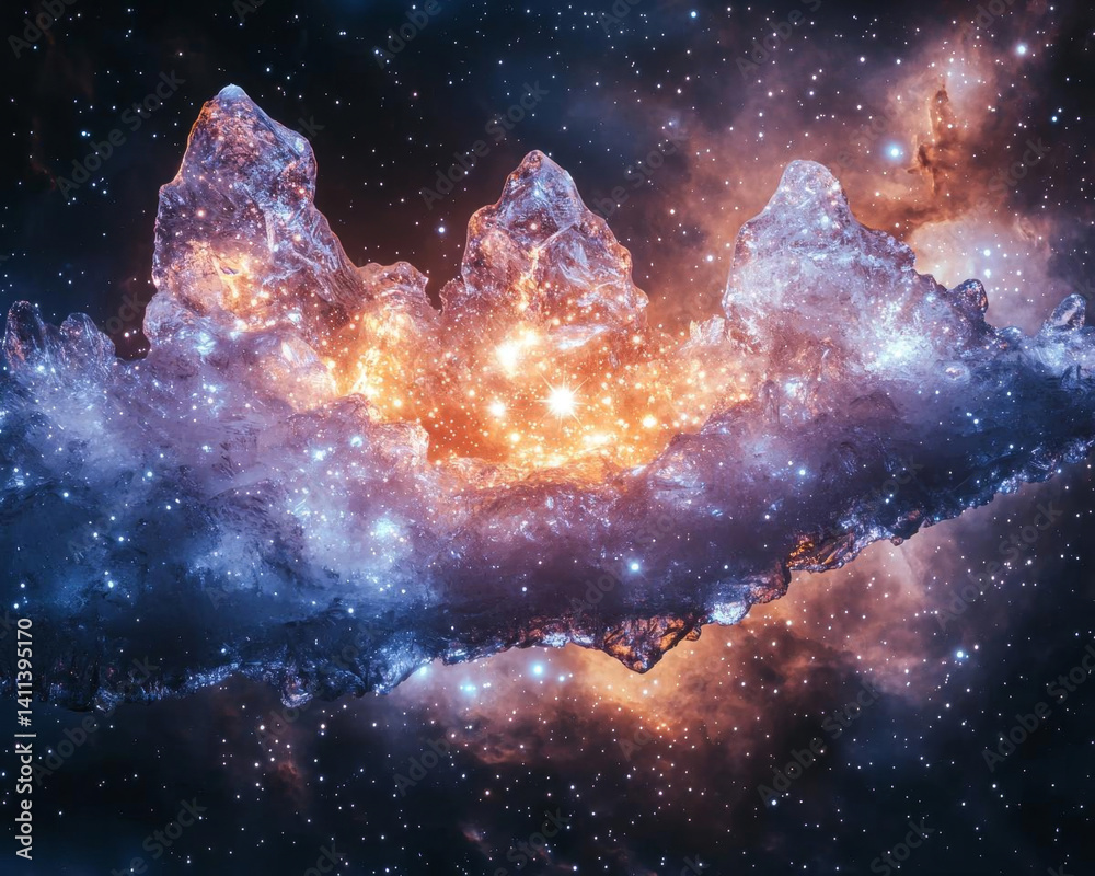 Obraz premium glowing nebula resembling mountain range in space, with vibrant colors and starry background