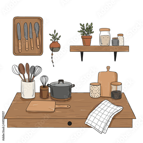 Illustration of kitchen utensils and plants on wooden countertop