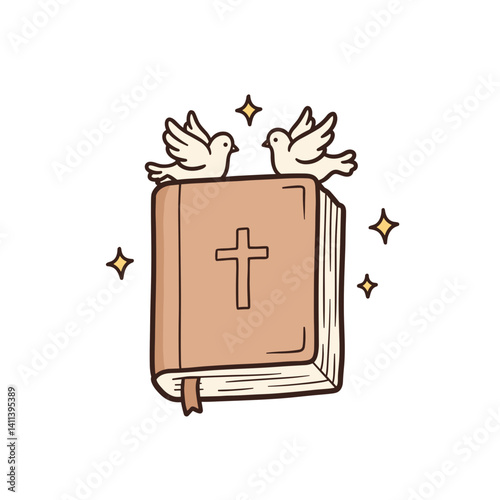 Book with cross and doves flying in a whimsical style