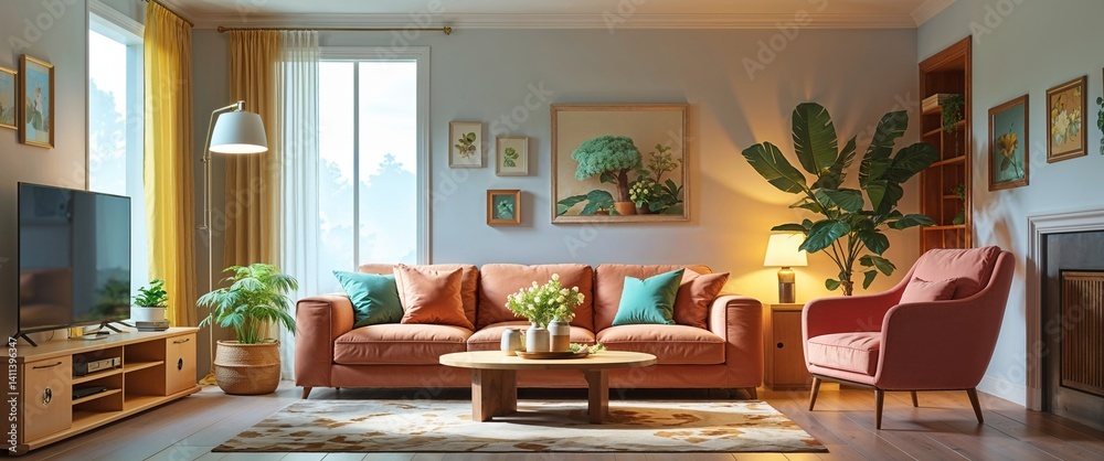 Fototapeta premium cozy living room with soft lighting 3d render scene video game concept background illustration digital artwork