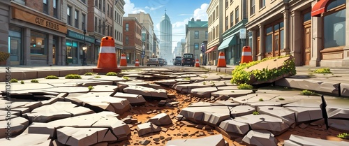 crumbled city street cracked pavement 3d render scene video game concept background illustration digital artwork