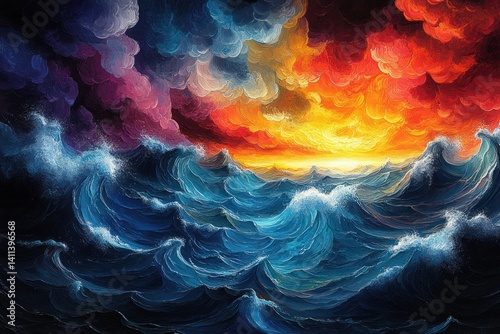 Abstract seascape, vibrant colors, stormy sky, powerful waves photo