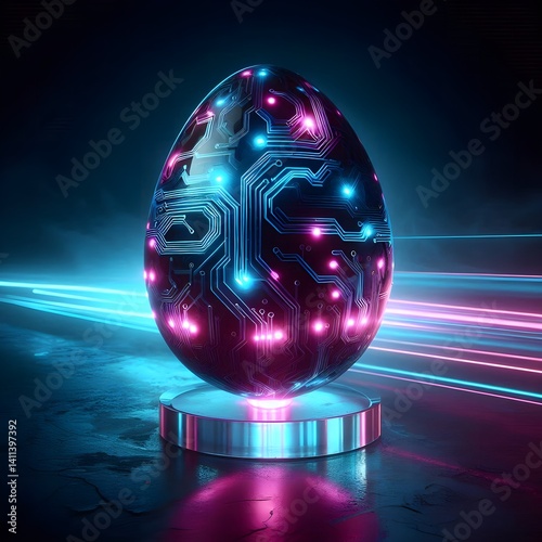 Futuristic Easter Egg with Glowing Blue and Pink Neon Circuit Board Pattern on Dark Background
