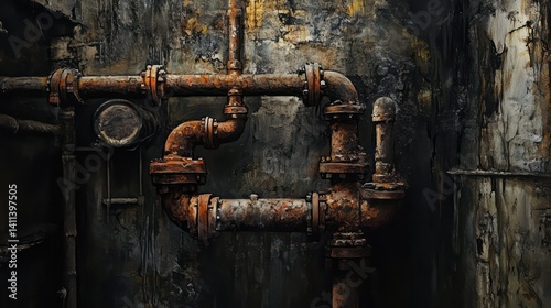 Close-up of decaying iron pipes in a damp, dungeon-like basement, eerie atmosphere with detailed rust and shadows, charcoal and ink mixed media.

