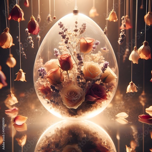 Elegant Glass Easter Egg Terrarium Containing Roses and Lavender with Warm Backlight and Reflection