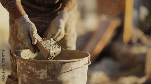 A construction worker preparing mortar for bricklaying at a construction site. Featuring focus and craftsmanship