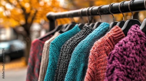 Fall sweaters displayed on outdoor clothing rack, autumnal background photo