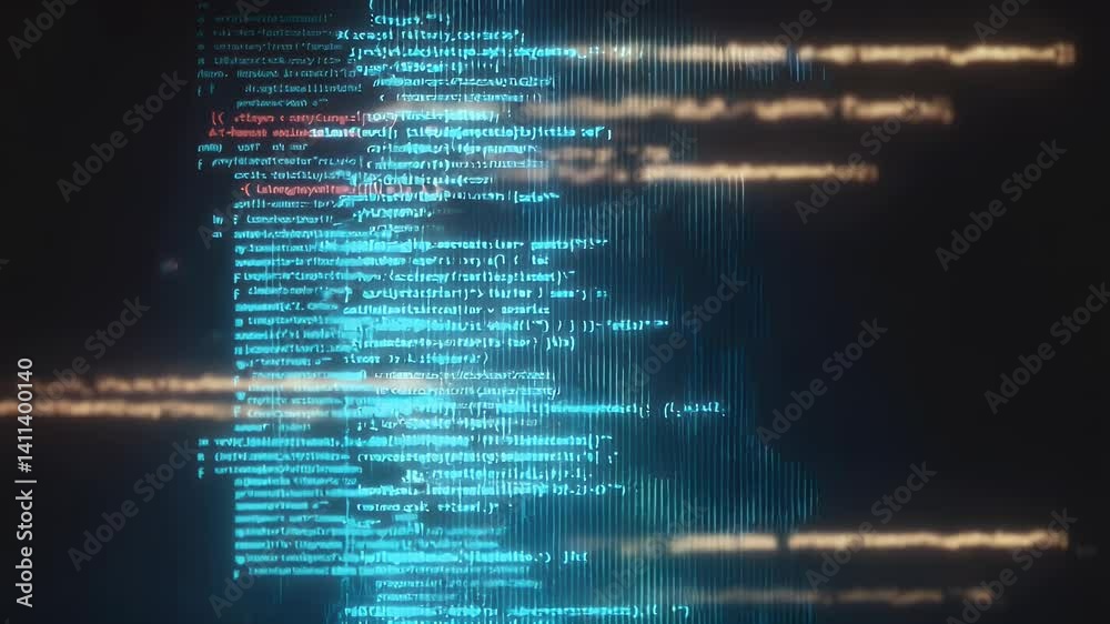 Abstract digital code stream with glowing blue and orange lines, representing data flow in a futuristic cyber environment