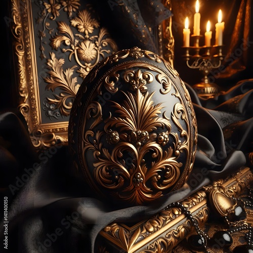 Exquisite Black and Gold Ornamental Easter Egg with Intricate Filigree Design on Luxurious Dark Background