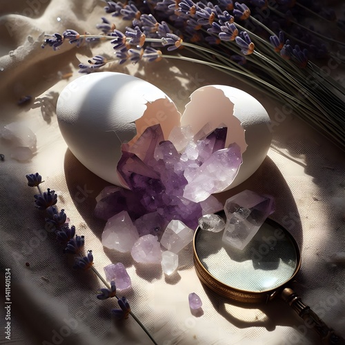 Cracked Easter Eggshell Revealing Amethyst and Quartz Crystals with Lavender and Magnifying Glass