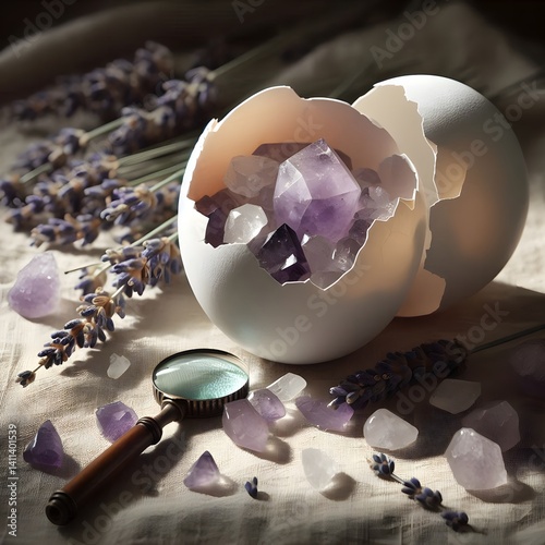 Cracked Easter Eggshell Revealing Amethyst and Quartz Crystals with Lavender and Magnifying Glass