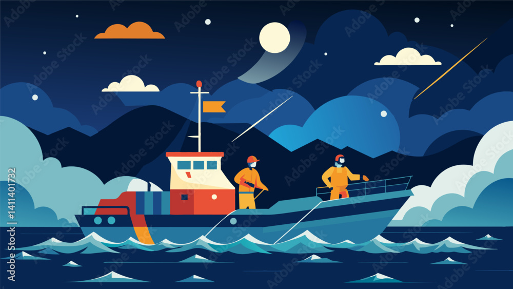 Naklejka premium A stormy night at sea but the crew of a fishing boat remains confident due to the reliable data navigation tools guiding them to their fishing grounds.. Vector illustration