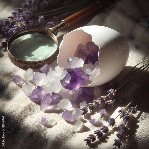 Cracked Easter Eggshell Revealing Amethyst and Quartz Crystals with Lavender and Magnifying Glass