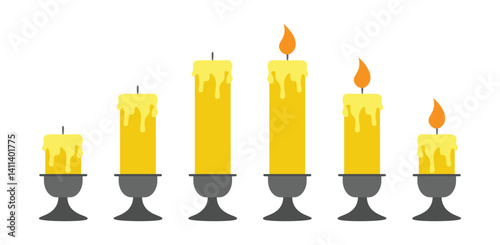 Collection of Lit and Unlit Candles in Various Shapes on Candlesticks, Isolated on Transparent Background.