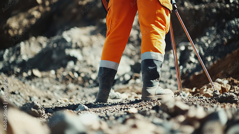 Obraz premium Surveyor marking land boundaries at a mining site using GPS tools to map out excavation zones. Featuring surveying and mapping