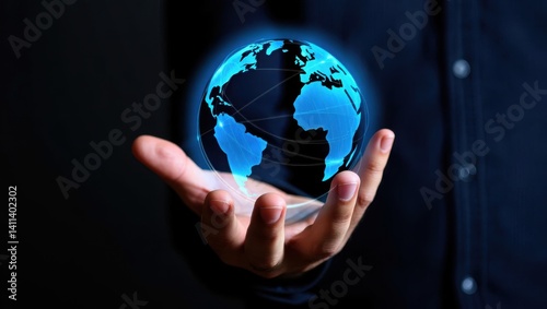 mão segurando um globo de forma digital, significando um mundo na palma das mãos
