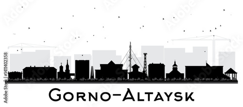Gorno-Altaysk Russia city skyline silhouette with black buildings isolated on white. Gorno-Altaysk cityscape with landmarks. Concept with modern and historic architecture.