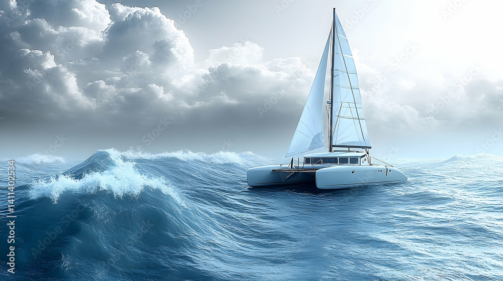 Fototapeta premium Catamaran sailing through choppy blue ocean under a cloudy sky