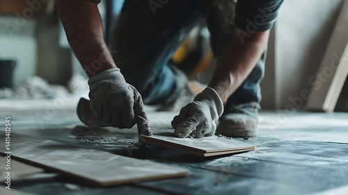 A construction worker removing old flooring in preparation for a new installation. Featuring effort and attention