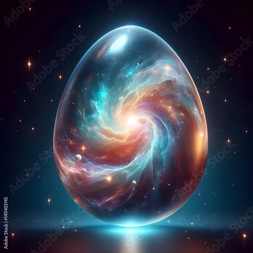 Cosmic Easter Egg with Swirling Galaxy and Stars Amidst Nebula Clouds