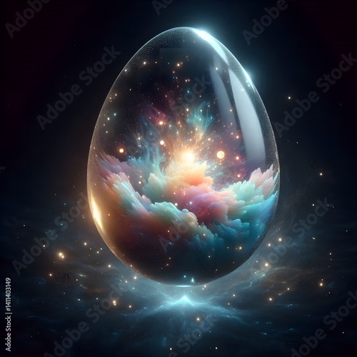 Cosmic Easter Egg with Swirling Galaxy and Stars Amidst Nebula Clouds