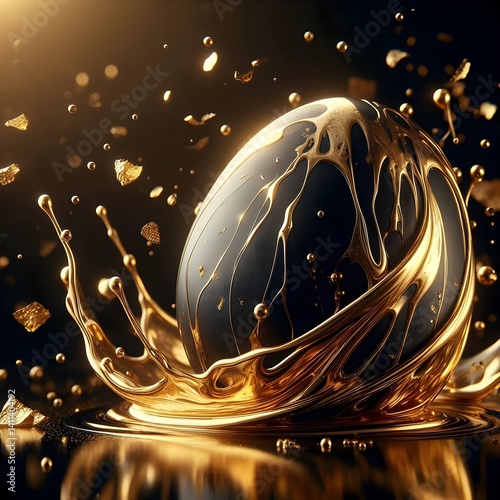 Dynamic Golden Easter Egg with Dark Swirls and Liquid Gold Splashes on Reflective Surface