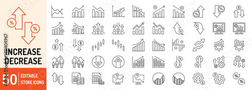 Increase and Decrease editable stroke outline web icons set. Increase, decrease, business growth, profit, finance, fall, up, down, graph, statistics, market, economy and more... Vector illustration