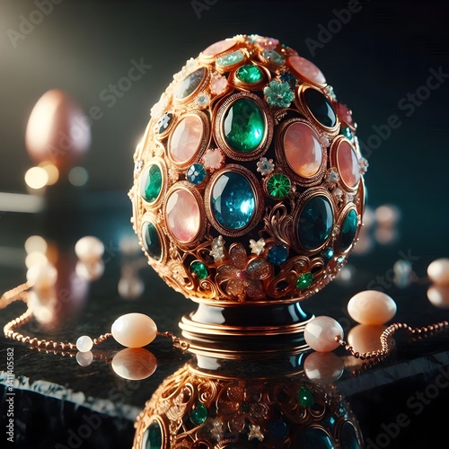 Ornate Black Easter Egg with Gold Filigree, Emeralds, Amber, and Pearls on Pedestal