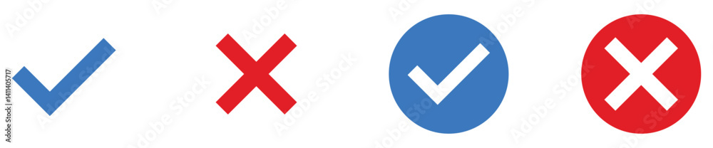 Blue check mark, red cross mark icons set. Vector illustration. Blue check mark, red cross mark icons set. Vector illustration.