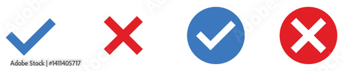 Blue check mark, red cross mark icons set. Vector illustration.