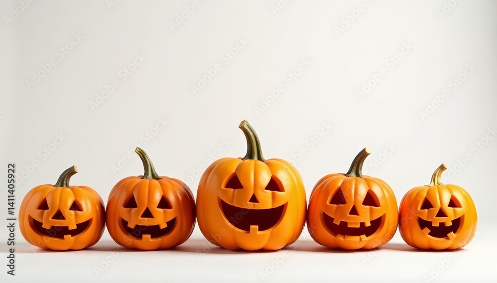 Funny group of Halloween pumpkins in various sizes and styles on white backdrop, holiday, Jack-o-lanterns Funny group of Halloween pumpkins in various sizes and styles on white backdrop, holiday, Jack-o-lanterns