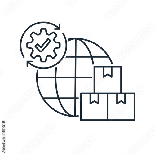 Updated system of delivery of goods, cargo. Vector linear icon isolated on white background.
