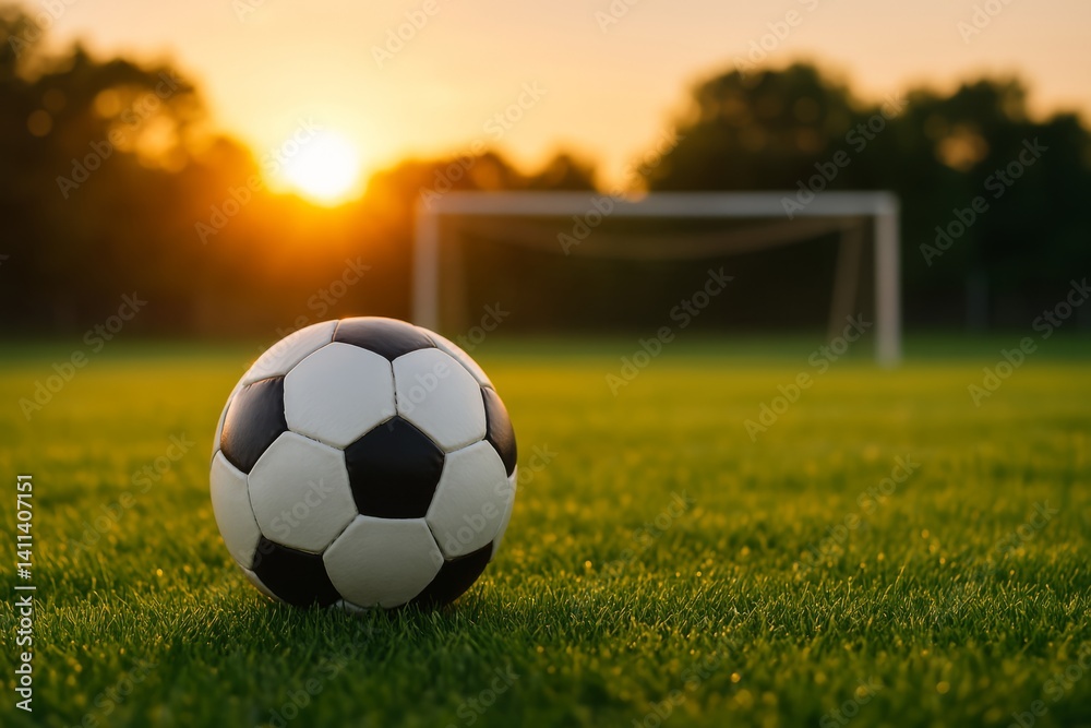 Fototapeta premium Soccer Ball on Green Field at Sunset Scene