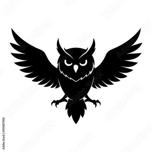 Black Silhouette of an owl in mid-flight with outstretched wings isolated on transparent background