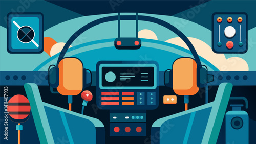 The hightech air taxi pit also includes sophisticated communication tools with a microphone and headphones connected to a comprehensive radio system.. Vector illustration