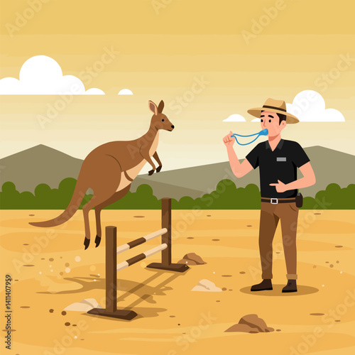 Kangaroo Jumping Over Hurdle with Trainer Supervising