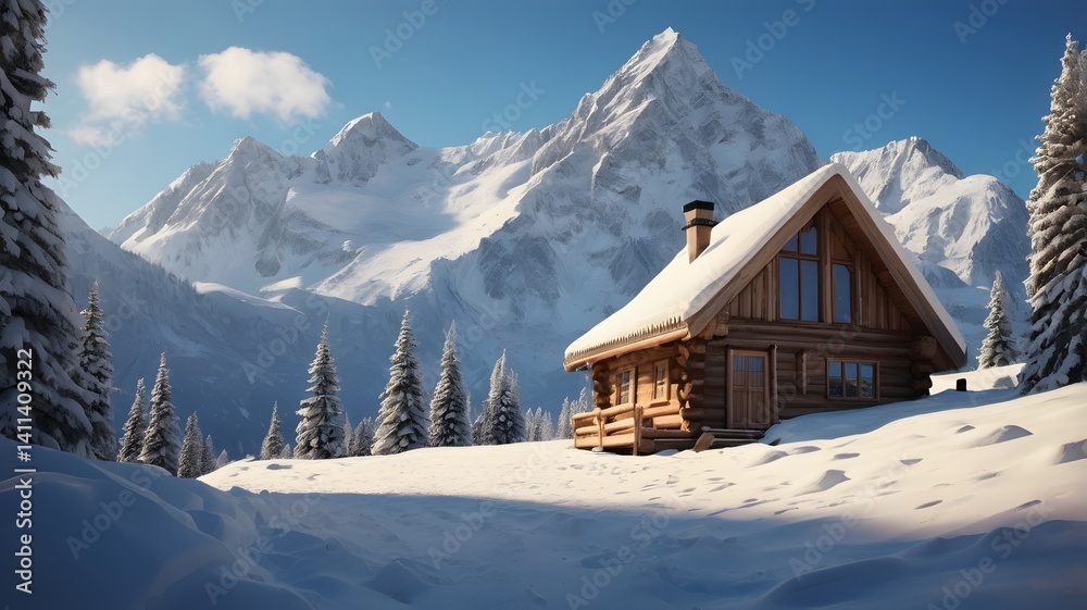 A breathtaking view of snow-capped mountains, with a cozy wooden cabin A breathtaking view of snow-capped mountains, with a cozy wooden cabin