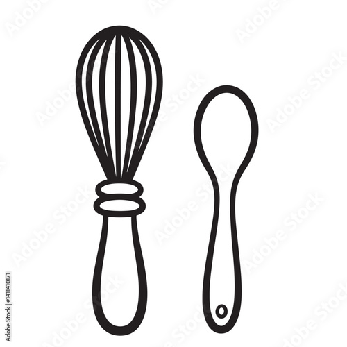 stainless steel whisk Kitchen icon vector coloring page bold black line art Silhouette