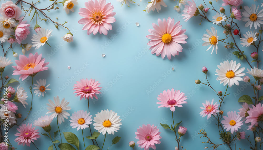 Pink flowers on pastel blue background. Spring concept. Pink flowers on pastel blue background. Spring concept.