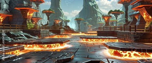 lava zone with glowing metal platforms 3d render scene video game concept background illustration digital artwork