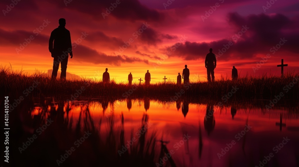 Fototapeta premium Silhouettes of people at sunset cemetery