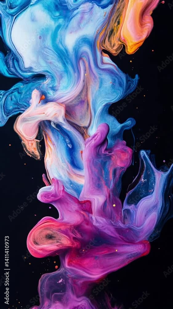 Manchas de pintura líquiduida que cambian de forma y color azul, rosa, morado, lila, de forma abstracta.