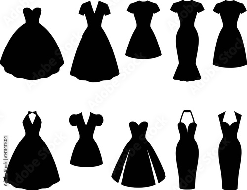 Collection Of Dresses Vector Fashion Garments Different Styles Silhouette Illustration