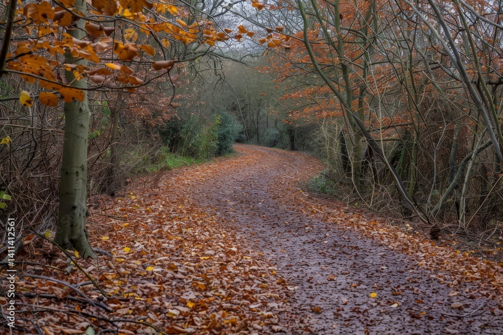 Obraz premium A winding path through a woodland in autumn, covered with fallen leaves, A winding path covered in fallen leaves