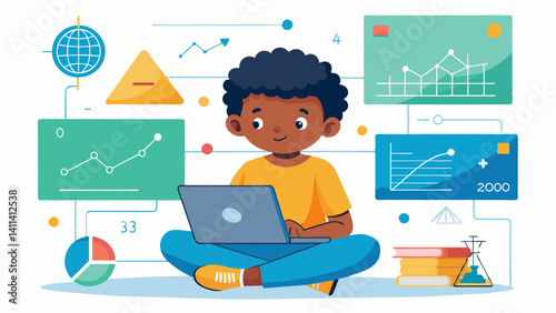 A child sitting in front of a whiteboard covered in diagrams and equations diligently working on a project to create their own AI model.. Vector illustration