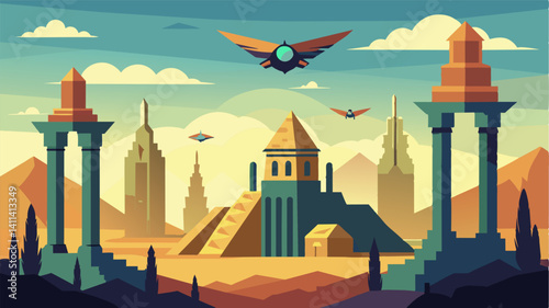 In between towering spires and ancient ruins eVTOLs make smooth precise movements showcasing their advanced flight capabilities.. Vector illustration