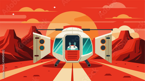 With a gentle hiss the eVTOL doors od welcoming the colonists to their new home amidst the red dust of Mars.. Vector illustration